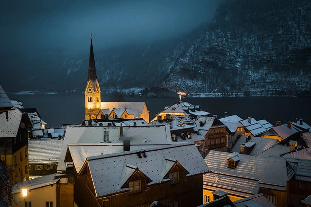 View Over Hallstatt in Blue Hour in Winter