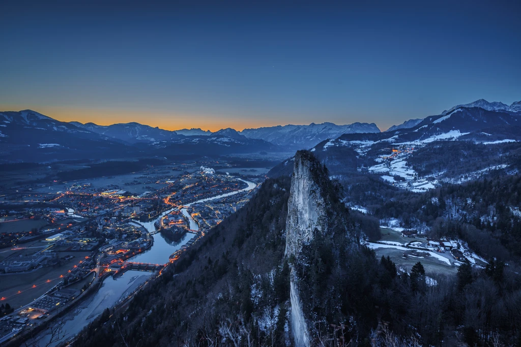Blue hour with the first city lights in Hallein on a morning on top of großer Barmstein