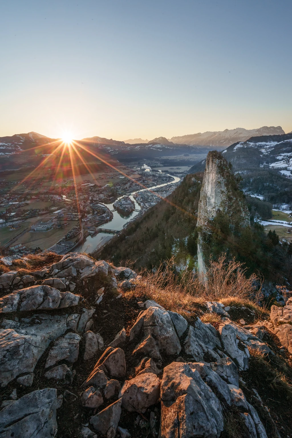 First light peak at sunrise on mountain großer Barmstein