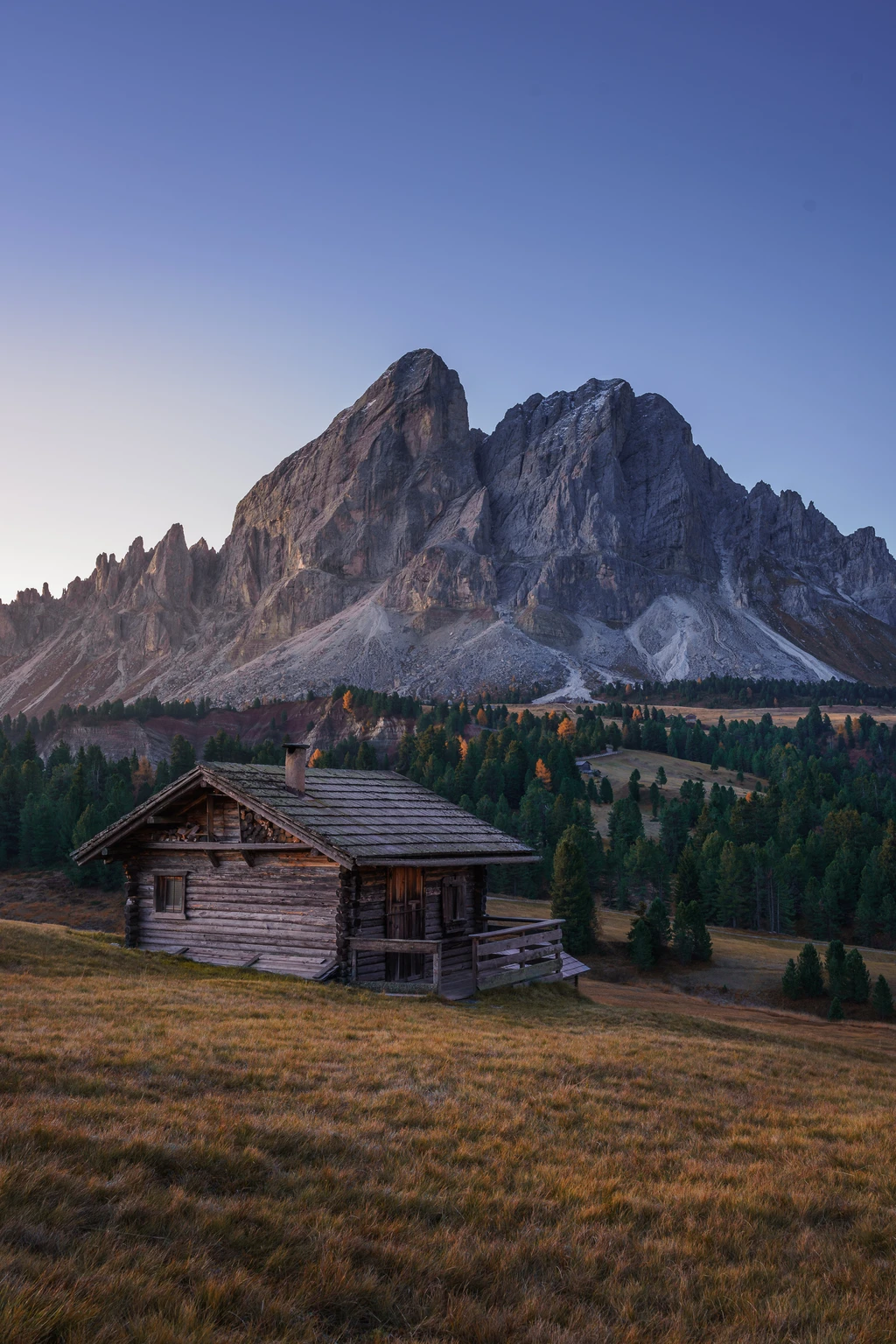 Lonely Hut at Würzjoch with the Peitlerkofel during Blue Hour