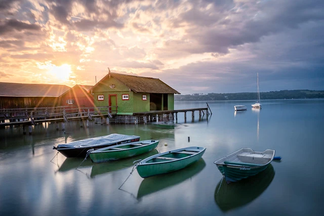 Boathouse at lake Ammersee at Sunrise