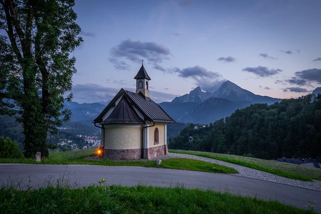 Blue Hour at a chapel with mountain Watzmann in the back