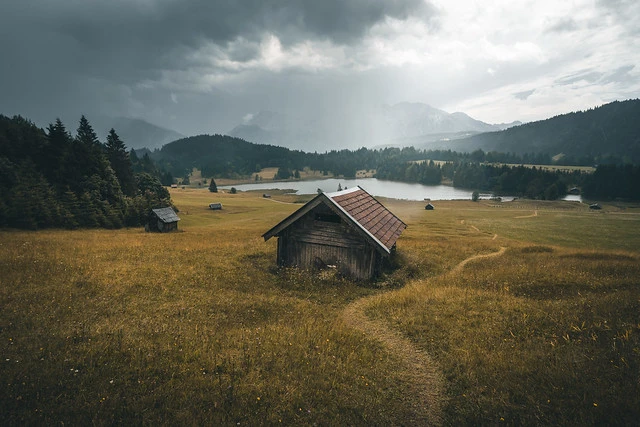 Cabin on a moody day at Geroldsee, Garmisch Patenkirchen, Bavaria, Germany