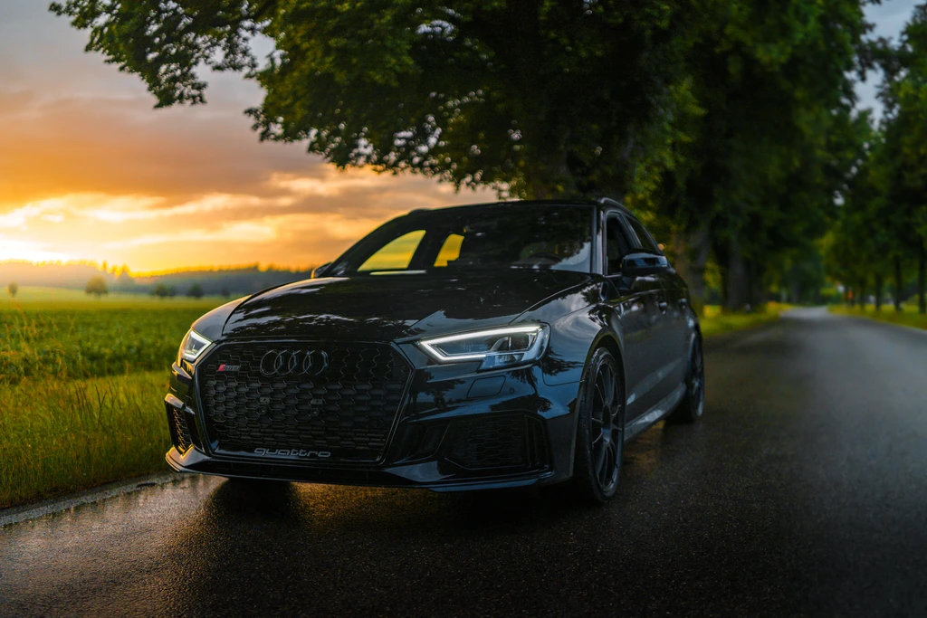 Audi RS3 at an bavarian alley during sunset