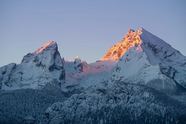 First light hitting the peak of Mountain Watzman with Alpenglow